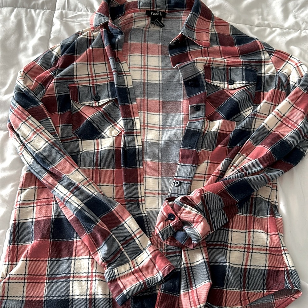 Rue 21 Red, White, and Blue Flannel Button Up, Size Medium